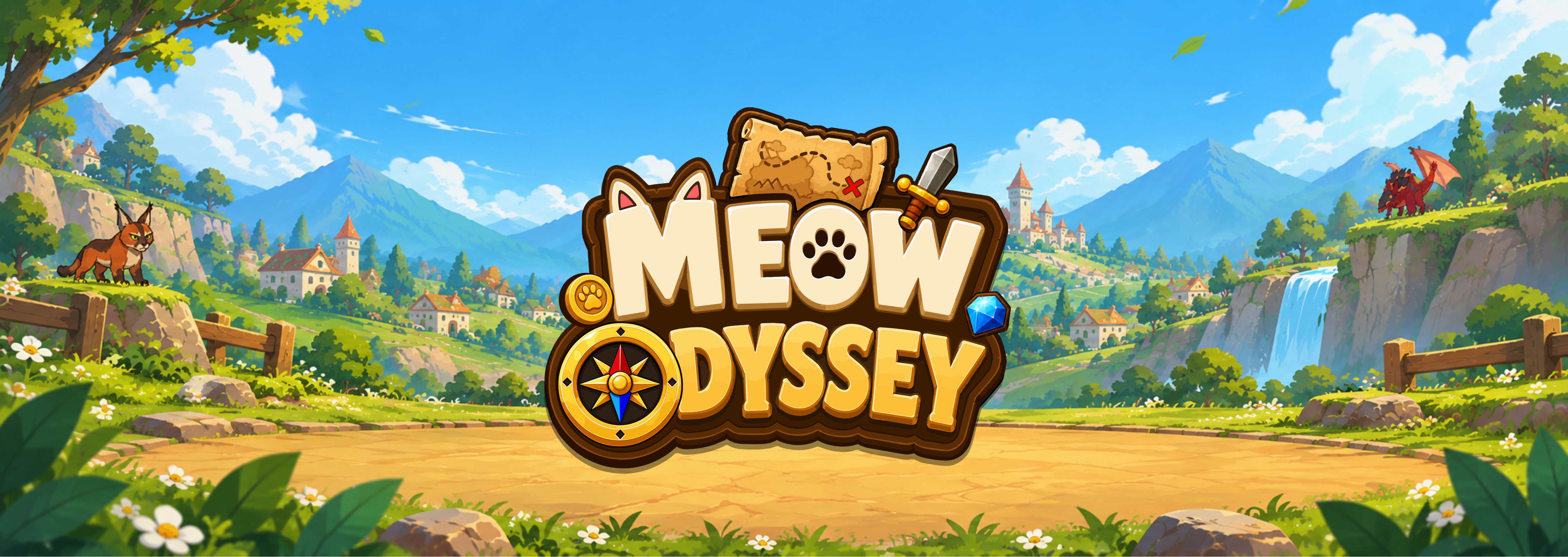 Meow Odyssey logo overlooking the sunny hills and villages of Felinya